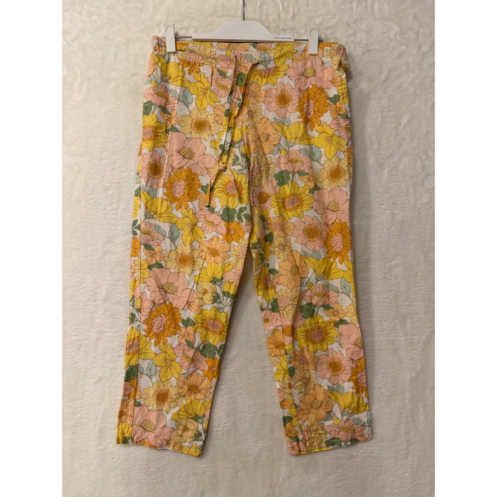 Insense Floral Linen Blend Pants Womens 26 Yellow Pink Retro Drawstring Straight